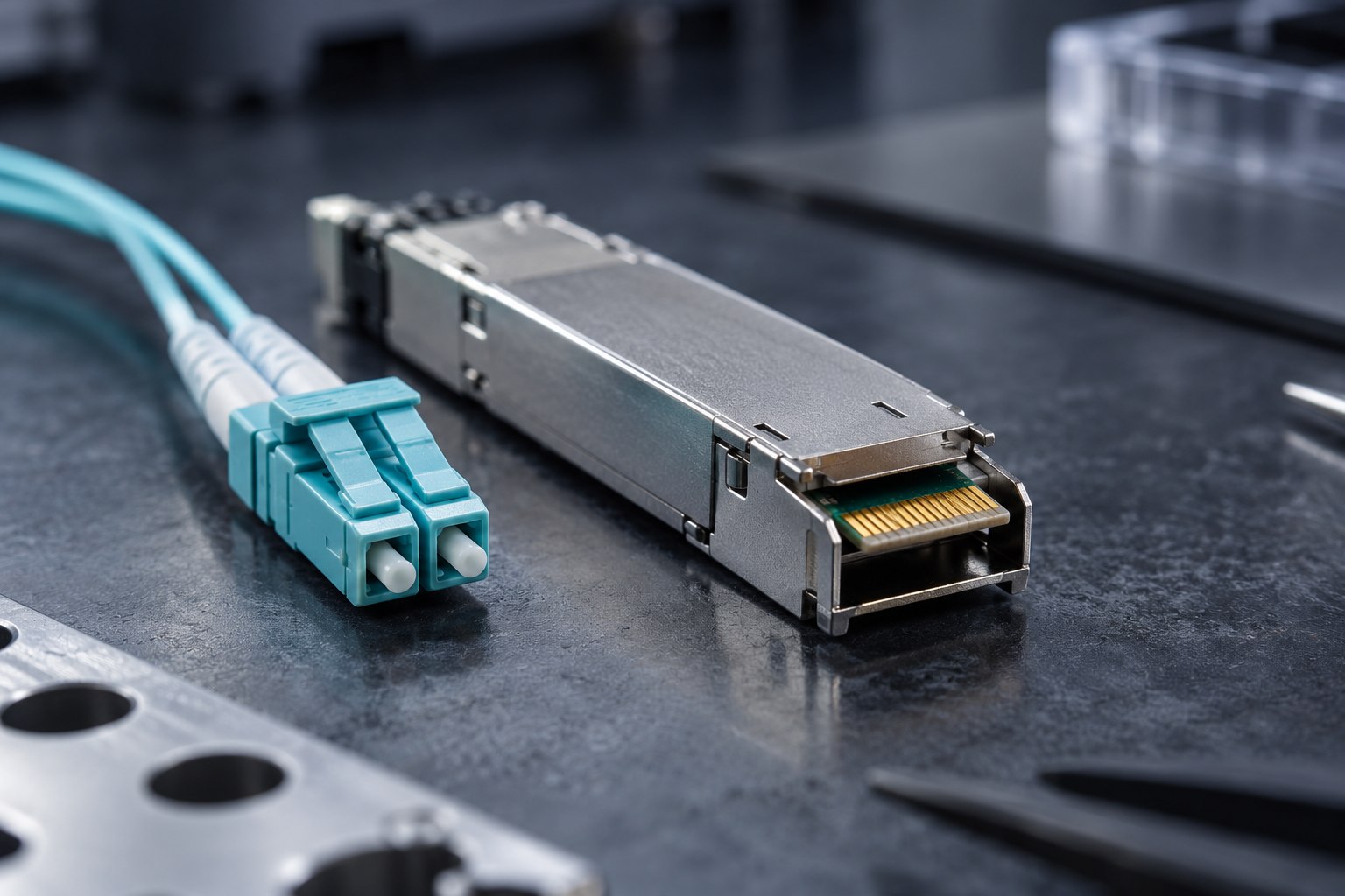 AI-generated illustrative concept: Optical transceiver engineering